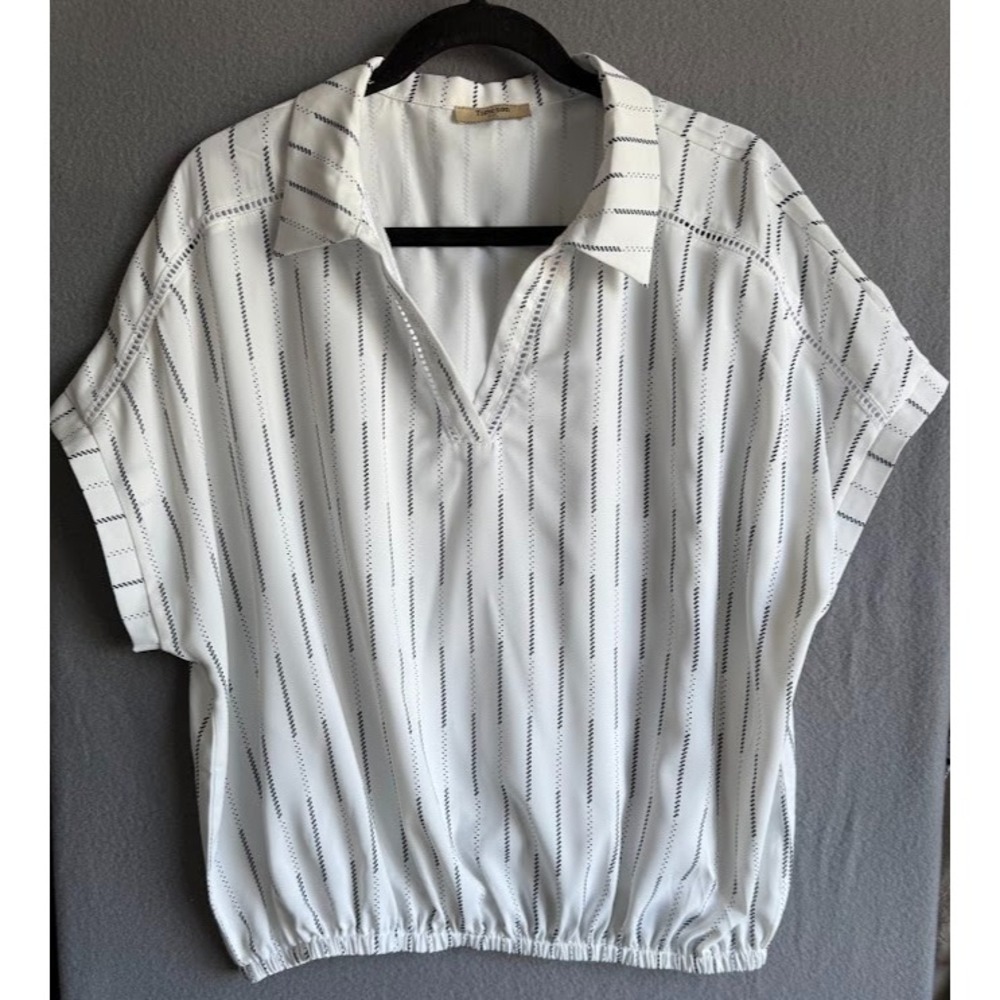Timeson Shirt Women Size XXL White Striped V Neck ‎ Short Sleeve Blouse Casual